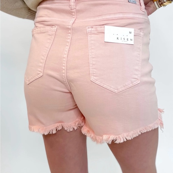 Risen High Rise Distressed Frayed Hem Denim Shorts - Picture 2 of 5
